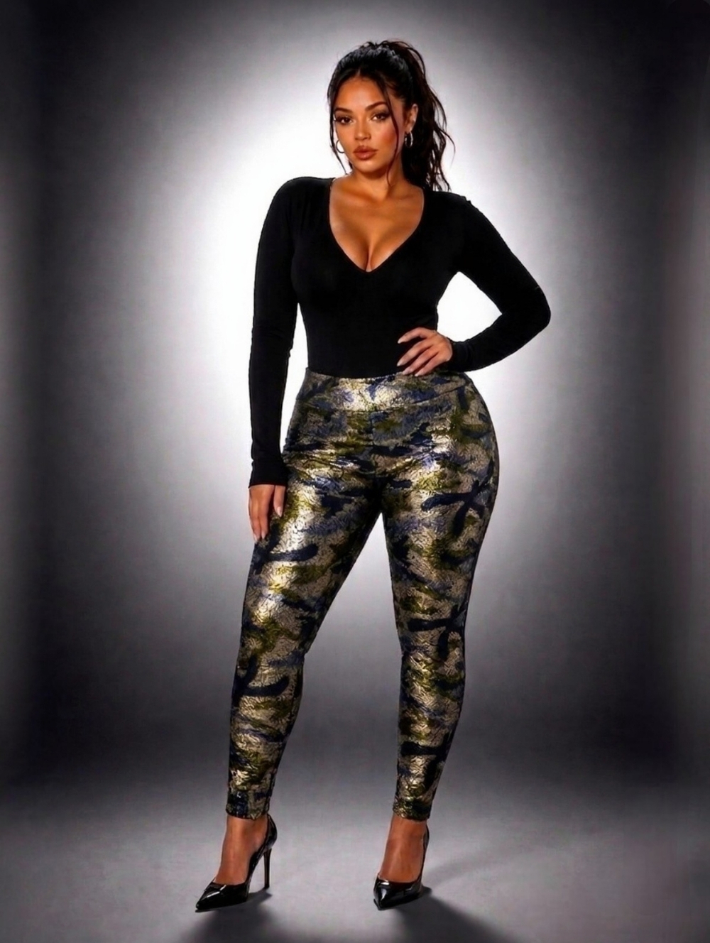 Metallic Gold Camo Foil Leggings - Plus Size 2XL - Liquid Metal Streetwear